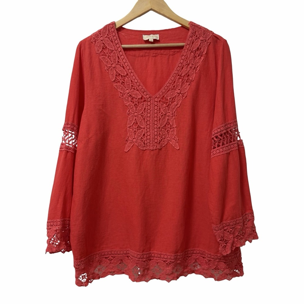 Lucy & Laurel Women Linen Blend Crochet Trim Top Size 1X Coral Lagenlook Coastal
